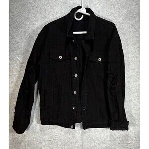 Black Distressed Torn Sleeves Jean Denim Jacket Men's Medium See Measurements
